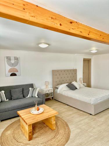 a bedroom with a bed and a couch and a table at Mitso's Talo in Samos