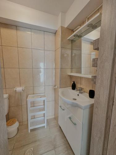a small bathroom with a sink and a toilet at Mitso's Talo in Samos