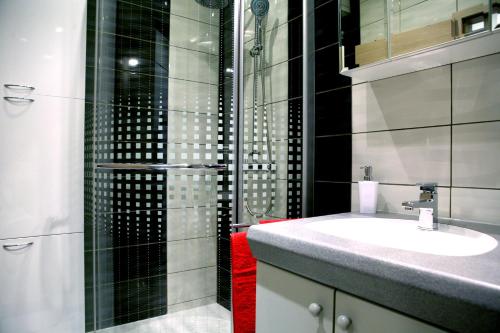 bagno con lavandino e doccia di Porta Anna Apartments a Medulin
