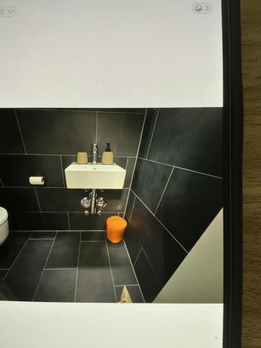 a bathroom with a sink and a black tiled wall at Bellavista in Bern