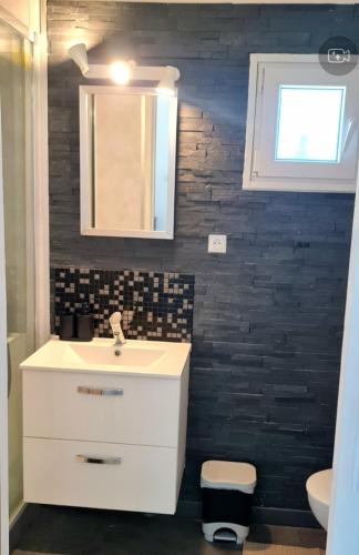 a bathroom with a sink and a toilet at Beau logement avec terrasse, jacuzzi et terrain de pétanque privatif à 5 minutes de la plage in Audenge