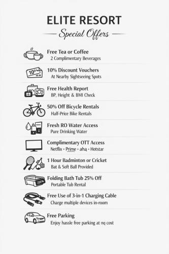 a list ofessentialessential items in a line at Elite Resort - Family-Friendly Award Winning Resort - NO ALCOHOL & NO SMOKING in Yelagiri