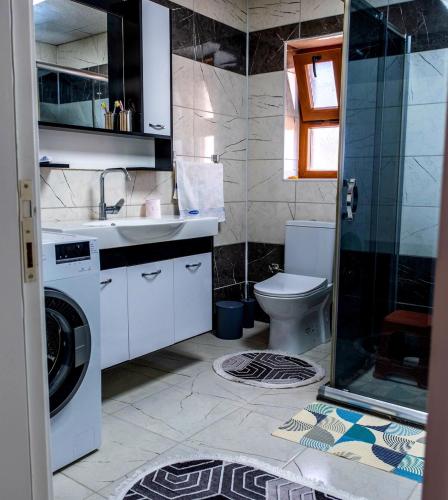 a bathroom with a sink and a washing machine at Golden Tree in Karaağaç