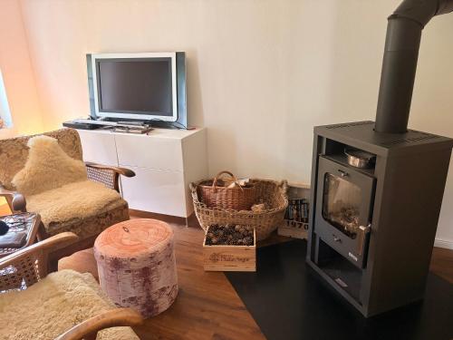 a living room with a wood stove and a tv at Buhne 27 in Dierhagen