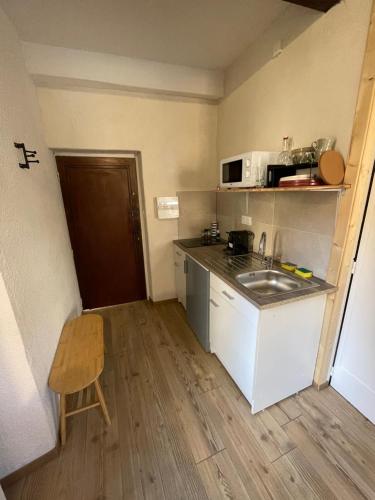 a small kitchen with a sink and a microwave at Gallice Bey in Briançon