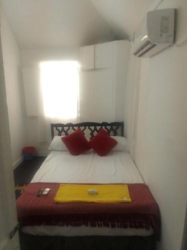 a bedroom with a bed with red pillows and a window at Guest house in Basseterre