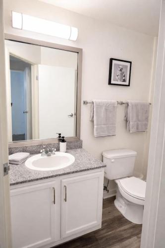 a bathroom with a sink and a toilet and a mirror at Urban Escape in Indianapolis