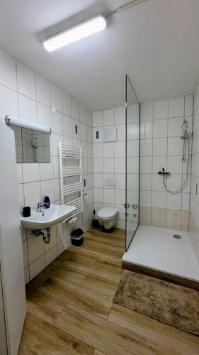 a bathroom with a shower and a sink and a toilet at Gästehaus La Puccia in Mittenwald
