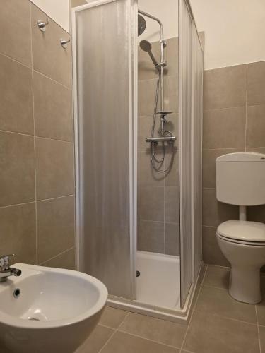 a bathroom with a shower and a toilet and a sink at L'Albore in Costigliole Saluzzo