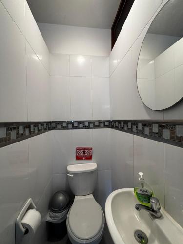ein Badezimmer mit Toilette, Waschbecken und Spiegel in der Unterkunft Mar Azul in Paracas