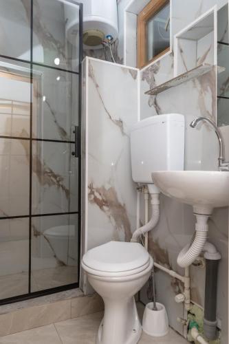 a bathroom with a toilet and a sink and a shower at Apartmani Šarkinović in Sutomore