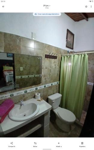 a bathroom with a sink and a toilet and a green shower curtain at Toucherit Standar triple in La Asunción