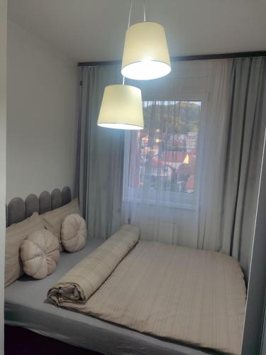 a bed in a room with a window and two pillows at Lea Lux apartment Tuzla in Tuzla