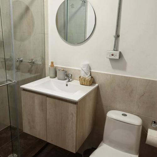 a bathroom with a toilet and a sink and a mirror at Casa Orígenes Hotel Boutique in Pamplona