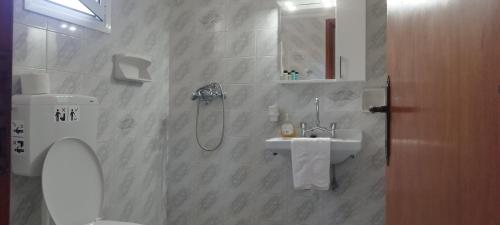 a bathroom with a toilet and a sink and a shower at Kaiti Villa 4 in Koukounaries