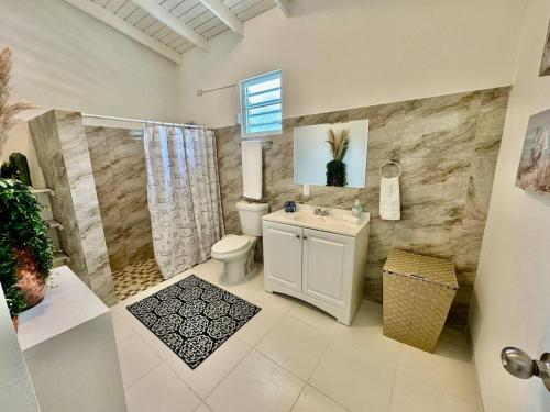 a bathroom with a toilet and a sink and a window at Casa Playa in Boqueron