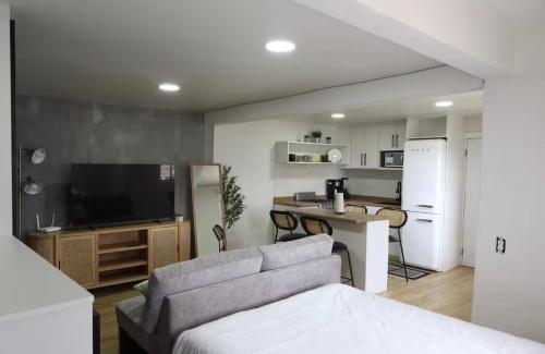 a living room with a couch and a kitchen at Bello loft studio en el corazón de Tijuana in Tijuana