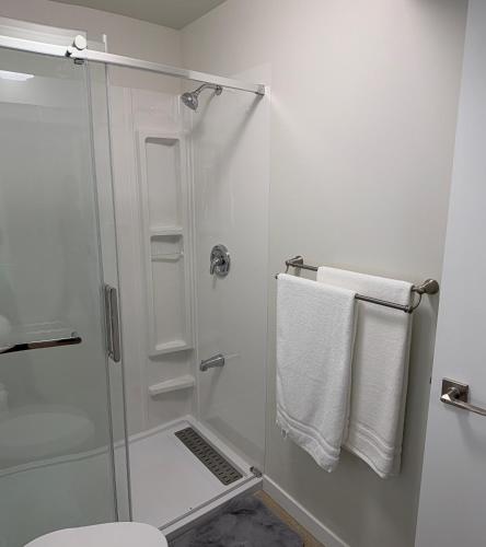 a bathroom with a shower and a toilet and towels at Dans luxury suite in Winnipeg