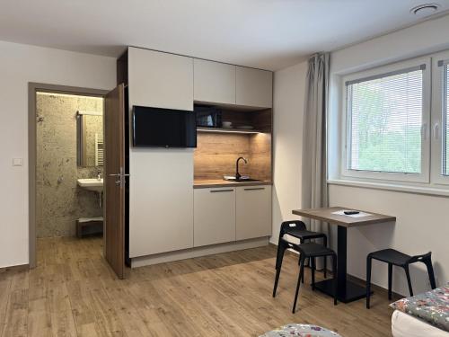 a small apartment with a kitchen and a table and chairs at Na Zeleném statku in Rašovice