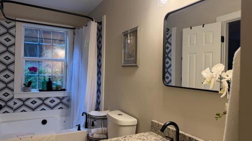 a bathroom with a toilet and a window and a mirror at Last house on the hill in Cleveland