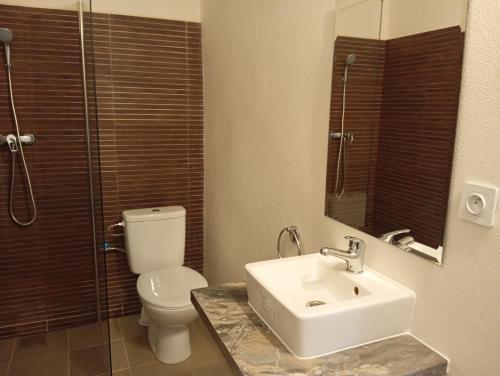 a bathroom with a sink and a toilet and a shower at Apartmán BB in Čížkrajice