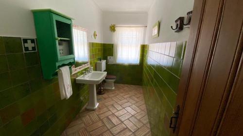a green bathroom with a sink and a toilet at Tapada Poço das Canas in Redondo