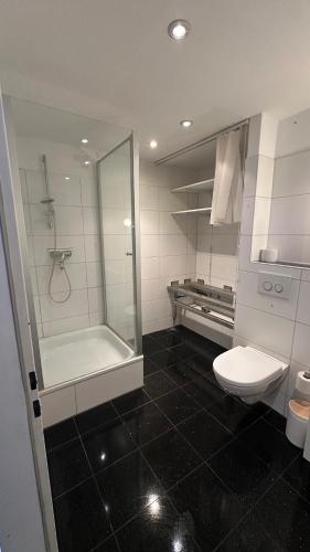 a bathroom with a glass shower and a toilet at FeWo am Deich im Columbus Center mit Pool und Aufzug in Bremerhaven
