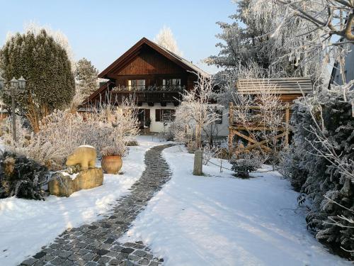 a house covered in snow with a pathway leading to it at Apartment HAUS MERLIN am Böckelsberg in Weimar