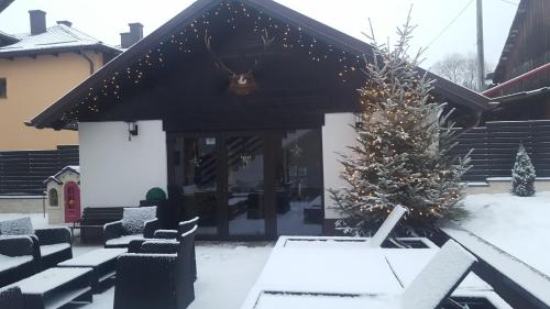 a christmas tree in the snow in front of a building at Pensiunea Ellemar in Vatra Dornei