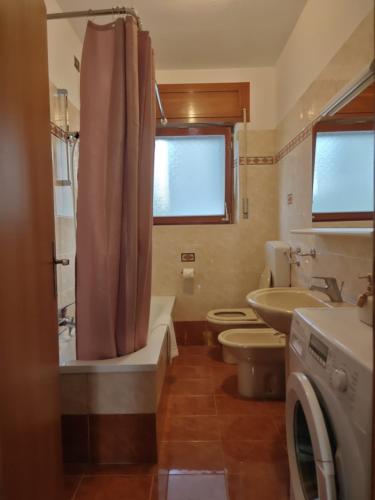 a bathroom with a sink and a toilet and a shower at Casa Lassù in Pieve di Cadore