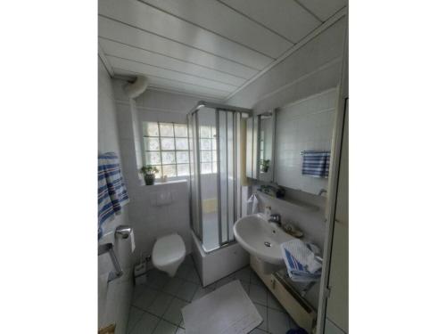 a white bathroom with a sink and a toilet at Trade fair and holiday accommodation in Oberursel