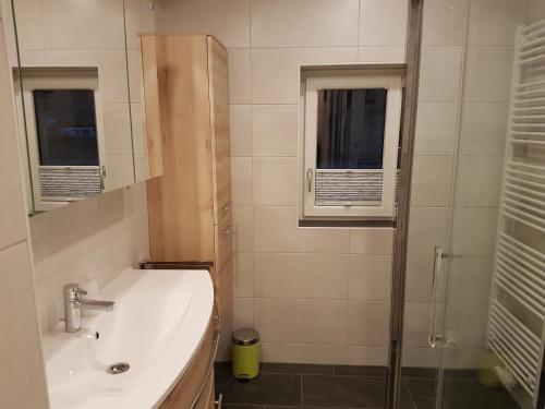 a bathroom with a sink and a shower at Haus Speck`n in Ranten