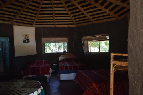 a room with two beds and two windows at Coyunche Cabañas y Camping Laja & San Rosendo in Laja