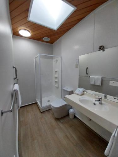 a bathroom with a shower and a toilet and a sink at Bayview Motel in Paihia