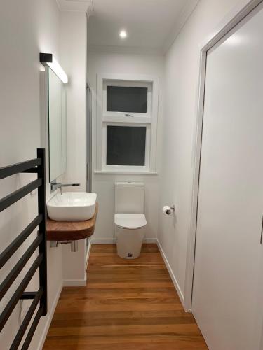 a bathroom with a sink and a toilet and a window at Tiny house in the Treetops in Northland