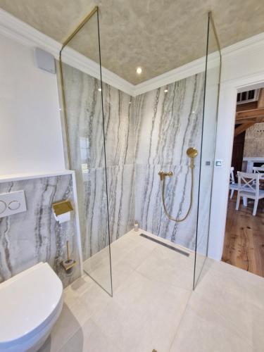 a bathroom with a shower and a toilet at Seventh Heaven Village Glamping in Rogašovci