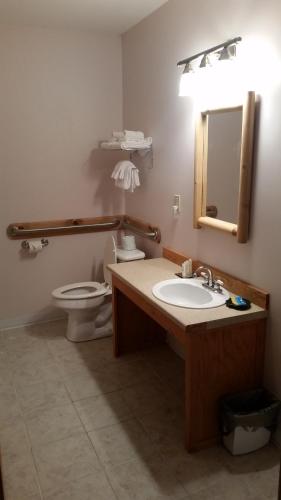 y baño con aseo, lavabo y espejo. en Deer Valley Trails, en Saint Regis Falls