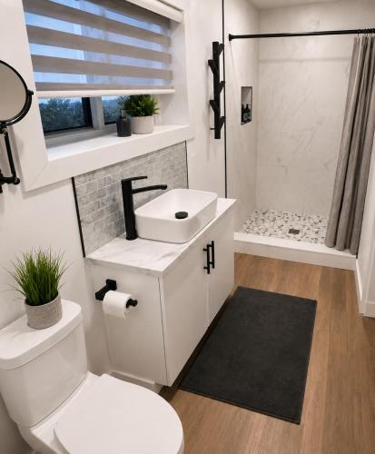 a bathroom with a toilet and a sink and a shower at Okanagan Valley Beautiful 2 beds 2 bath in Vernon