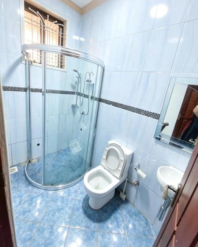 a bathroom with a shower and a toilet and a sink at Deluxe unique homes kampala in Kampala
