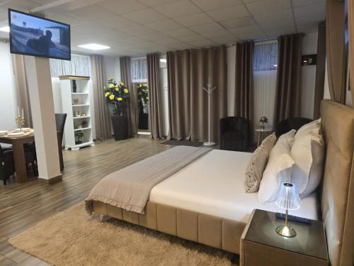 a bedroom with a bed and a tv on a wall at Studio Aurora Blue in Eforie Sud