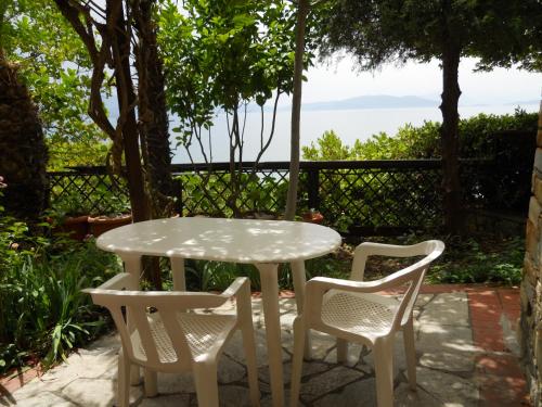 a white table and chairs with a view of the ocean at Villa Electra in Chorto