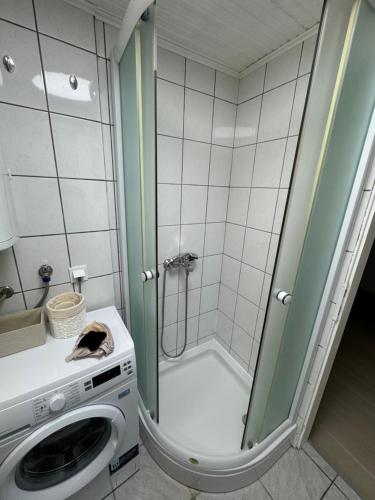 a bathroom with a shower and a washing machine at Apartment BELLA in Karlobag