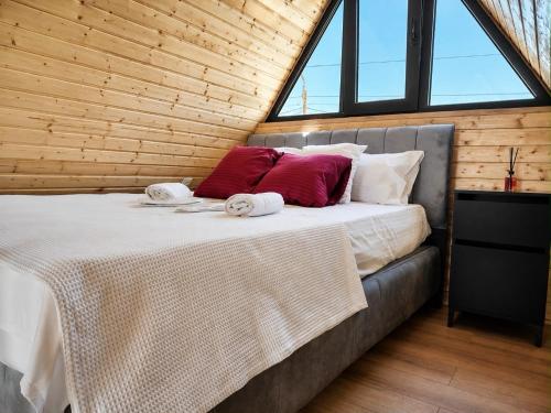 a bedroom with a bed with red pillows on it at Cappadociagarden in Kutaisi