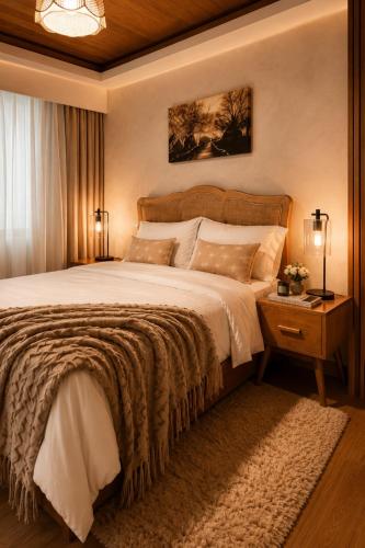 a bedroom with a large bed and a table with a night stand at Terravive in Manila