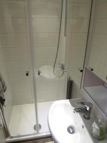 a bathroom with a shower and a sink and a sink at Ferienwohnungen Haus Hinneres in Schalkenmehren