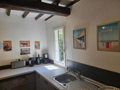 a kitchen with a sink and a window at La Maraiquaise in Marais-Vernier