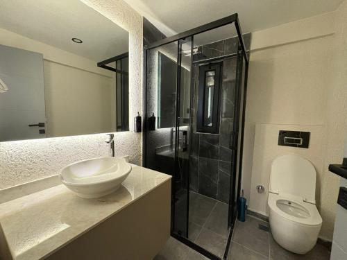 a bathroom with a sink and a shower and a toilet at Lumy Suite Hotel Bodrum Gumbet - Private Pool in Bodrum City