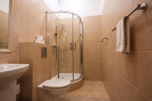 a bathroom with a shower and a toilet and a sink at Dworek Opartowo in Rajgród