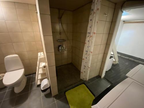 a bathroom with a toilet and a shower at Cozy & Private House in Roslev