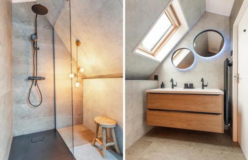 two pictures of a bathroom with a sink and a shower at Grytmanshoeve, Vakantiehuis met glamping in Niawier